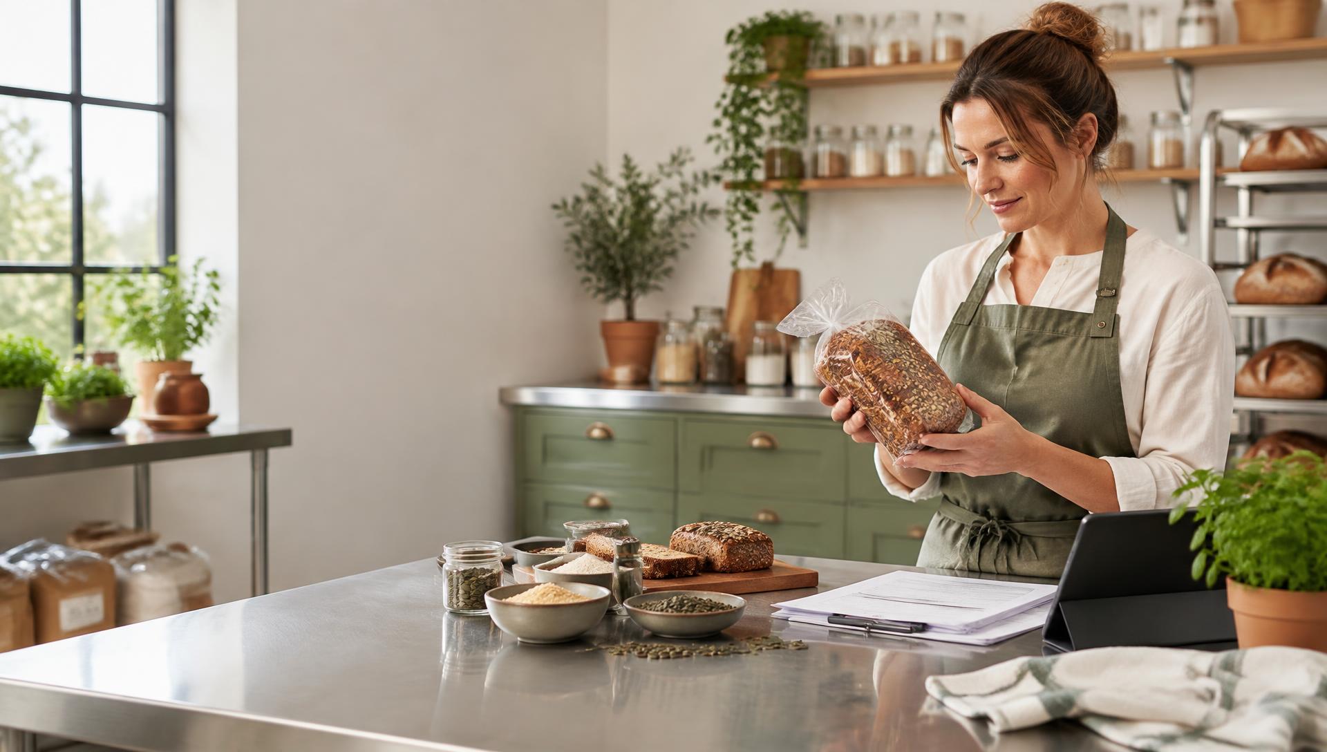 Independent food producer reviewing a packaged seeded loaf in a test kitchen